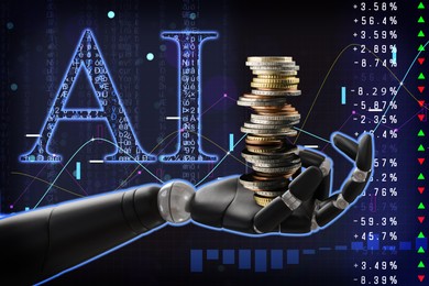 Image of Artificial intelligence in finance trading. Poster with robot hand holding stacked coins against data and graphs
