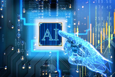 Image of Artificial intelligence in finance trading. Poster with digital hand touching AI chip on circuit board and graphs