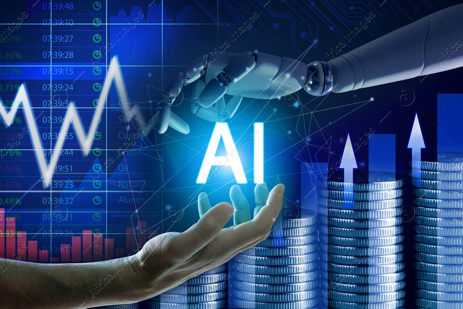 Image of Artificial intelligence in finance trading. Poster with human and robot hands holding AI abbreviation against coins, data and graphs