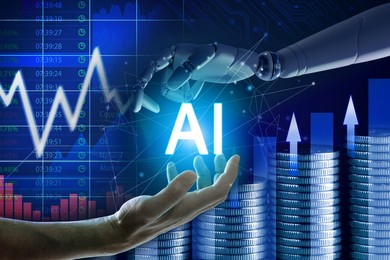 Image of Artificial intelligence in finance trading. Poster with human and robot hands holding AI abbreviation against coins, data and graphs