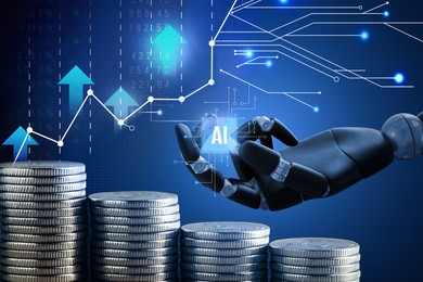 Image of Artificial intelligence in finance trading. Poster with robot hand holding AI chip, data, coins and graphs