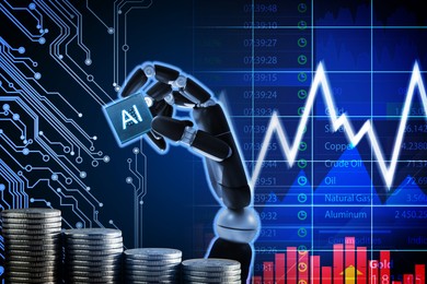 Image of Artificial intelligence in finance trading. Poster with robot hand holding AI chip, circuit board pattern, coins, data and graphs