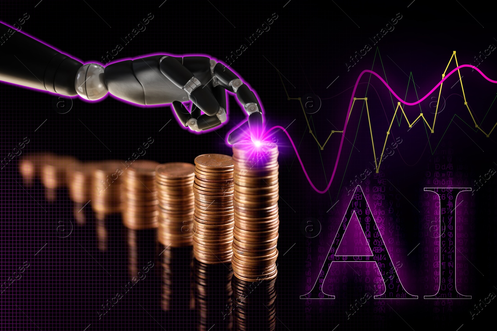 Image of Artificial intelligence in finance trading. Poster with robot hand touching coins and creating graphs against black background