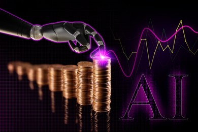 Image of Artificial intelligence in finance trading. Poster with robot hand touching coins and creating graphs against black background