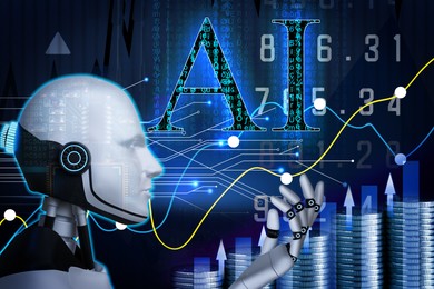 Image of Artificial intelligence in finance trading. Poster with robot, coins, graphs and data