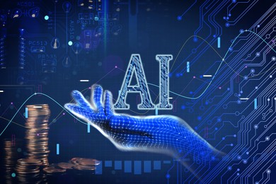 Image of Artificial intelligence in finance trading. Poster with digital hand holding AI abbreviation, coins, circuit board pattern and graphs