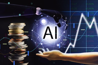 Image of Artificial intelligence in finance trading. Poster with human and robot hands holding AI abbreviation against coins, data and graphs