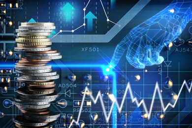 Image of Artificial intelligence in finance trading. Poster with digital hand touching circuit board, stacked coins, data and graphs
