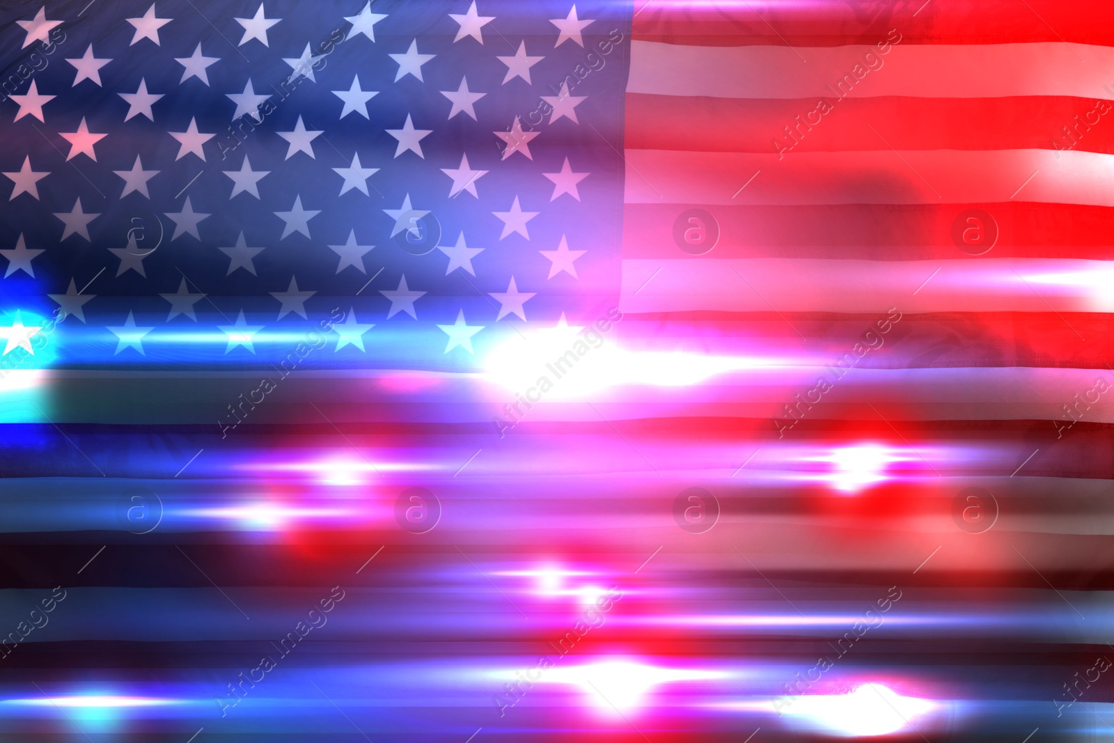 Police red and blue lights, double exposure with flag of United States of America Image of Police red and blue lights, double exposure with flag of United States of America