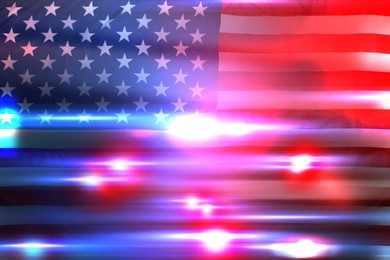 Image of Police red and blue lights, double exposure with flag of United States of America
