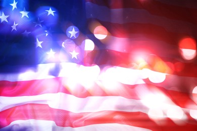 Image of Police red and blue lights, double exposure with flag of United States of America