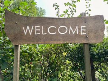 Image of Welcome wooden sign board and different plants outdoors
