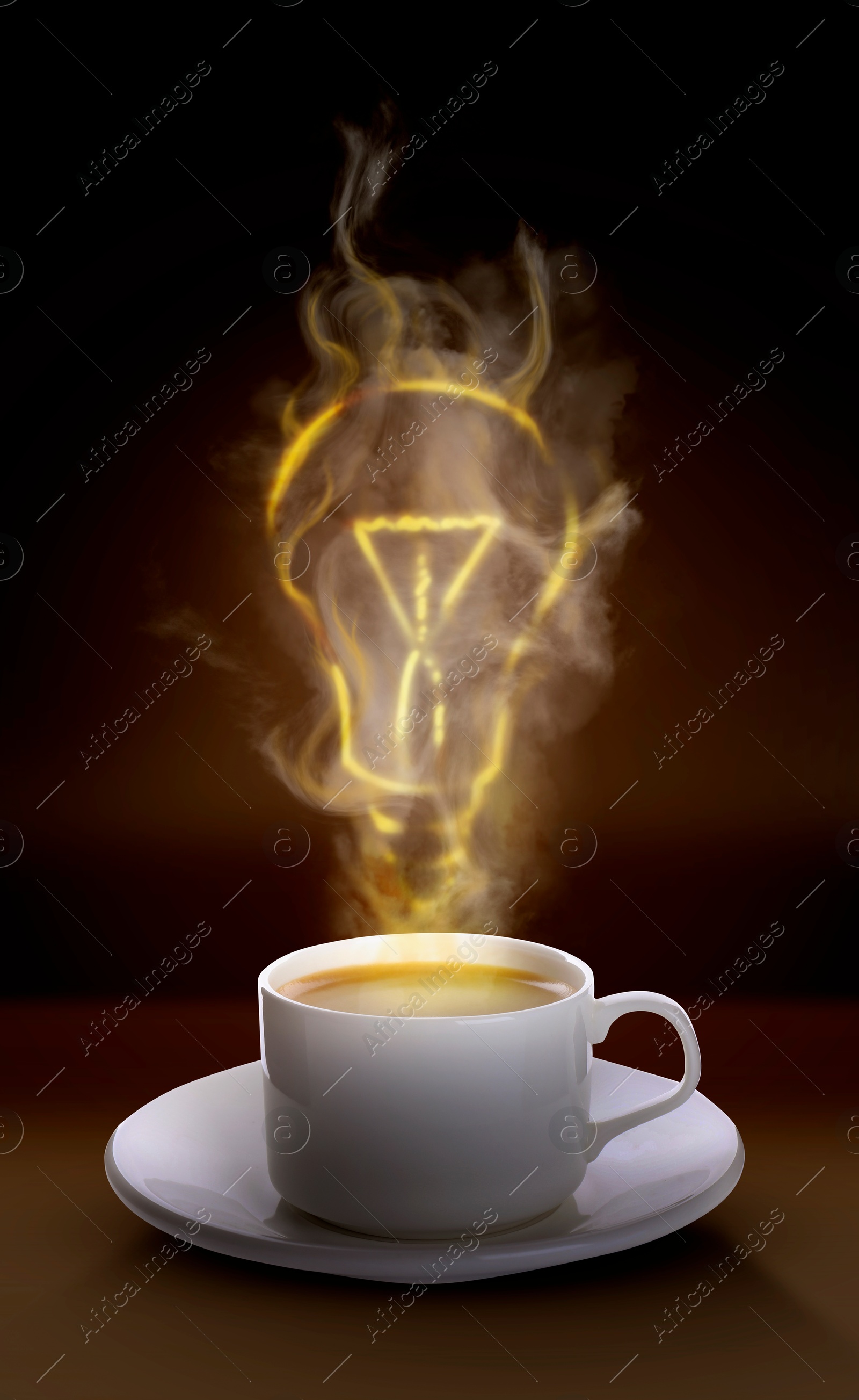 Image of Cup of fresh aromatic coffee against brown background. Glowing light bulb in steam rising above hot drink. Good idea