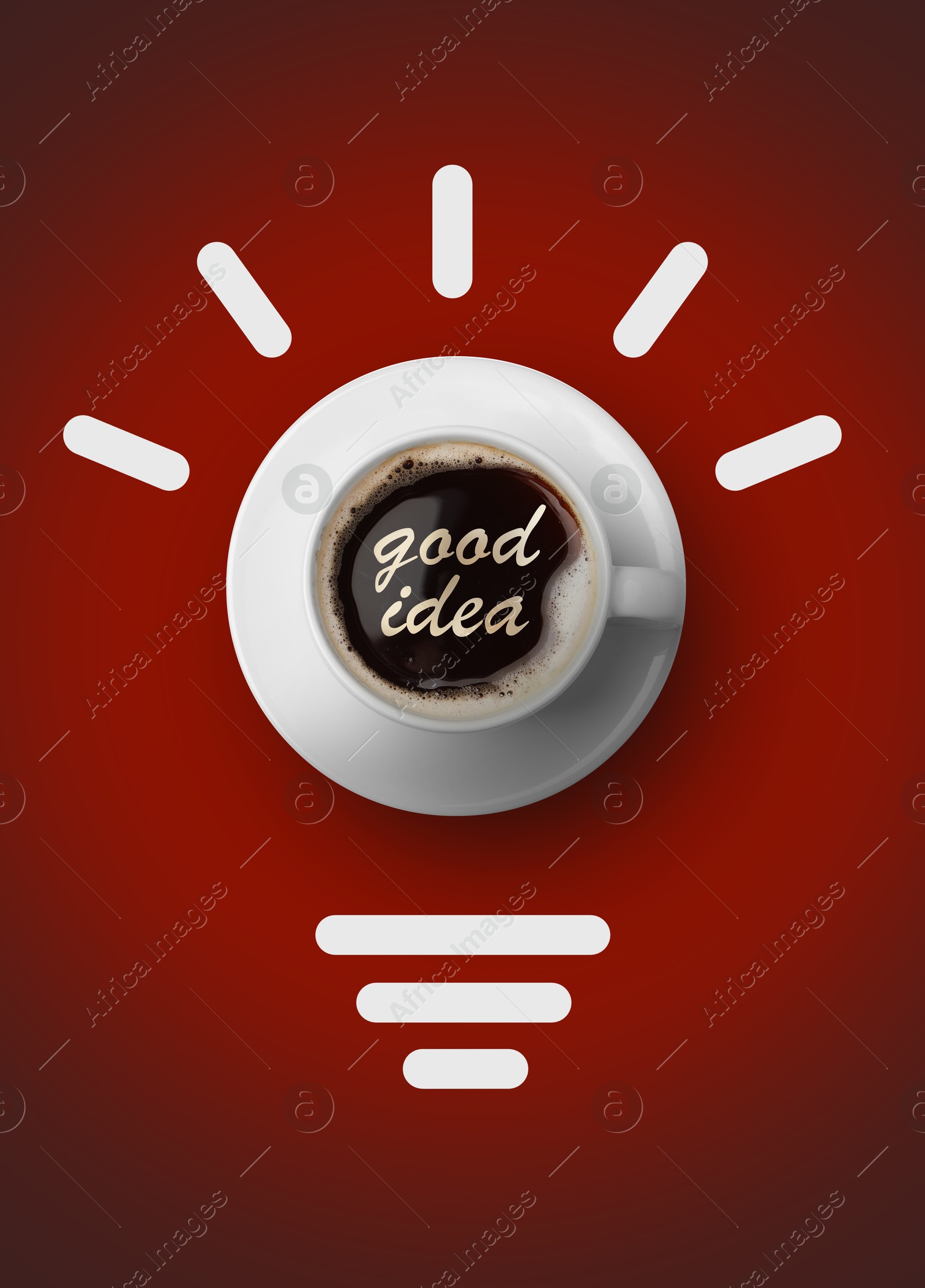 Image of Cup of coffee as part of drawn light bulb on red gradient background, top view. Good idea