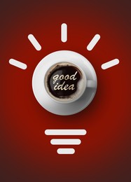 Image of Cup of coffee as part of drawn light bulb on red gradient background, top view. Good idea