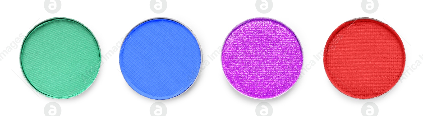 Image of Different eyeshadow in refill pans on white background, set. Palette of shades