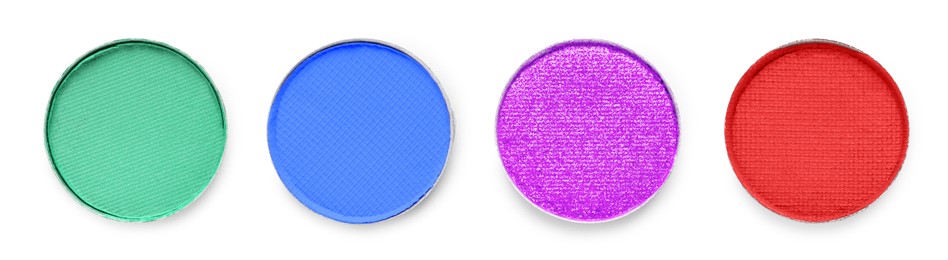 Image of Different eyeshadow in refill pans on white background, set. Palette of shades