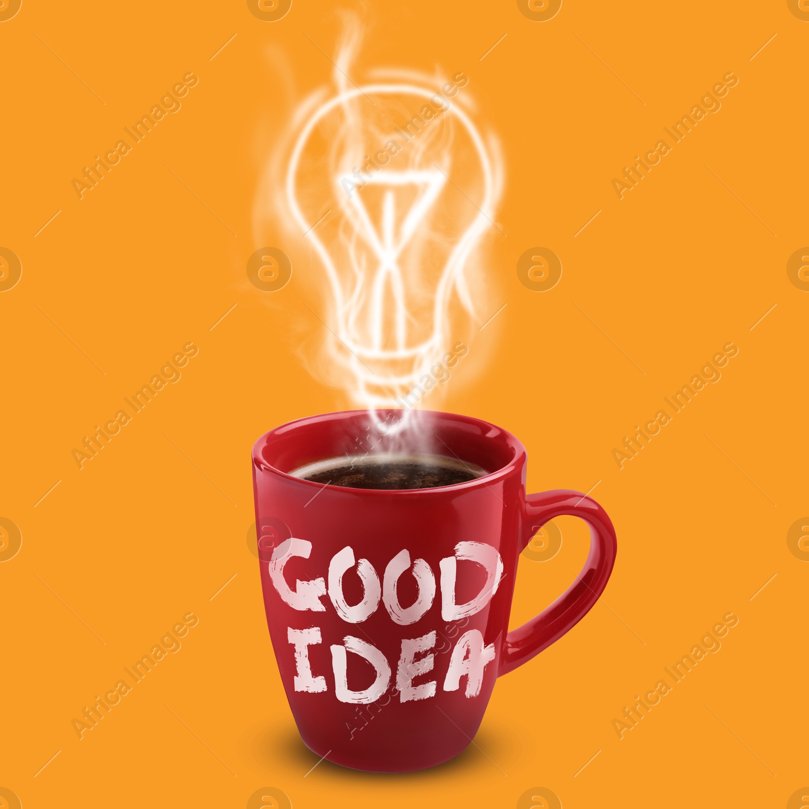 Image of Cup of coffee with inscription Good Idea against orange background. Steam in shape of light bulb above hot drink