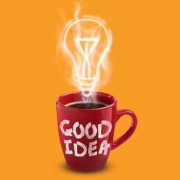 Image of Cup of coffee with inscription Good Idea against orange background. Steam in shape of light bulb above hot drink
