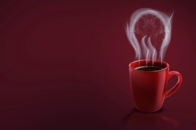 Image of Cup of fresh aromatic coffee on dark red background. Steam in shape of light bulb rising above hot drink. Good idea