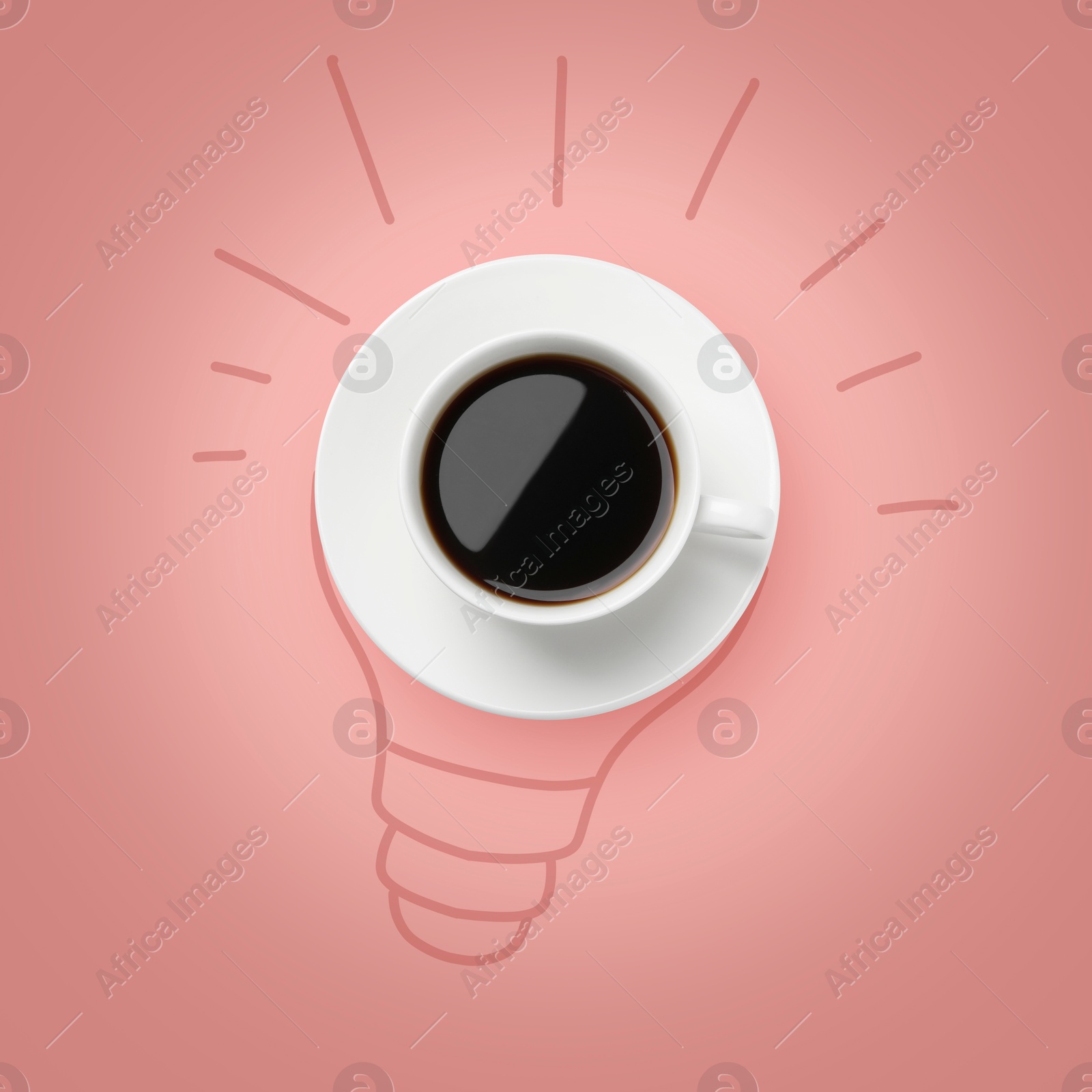 Image of Cup of coffee as part of drawn light bulb on pink background, top view. Good idea