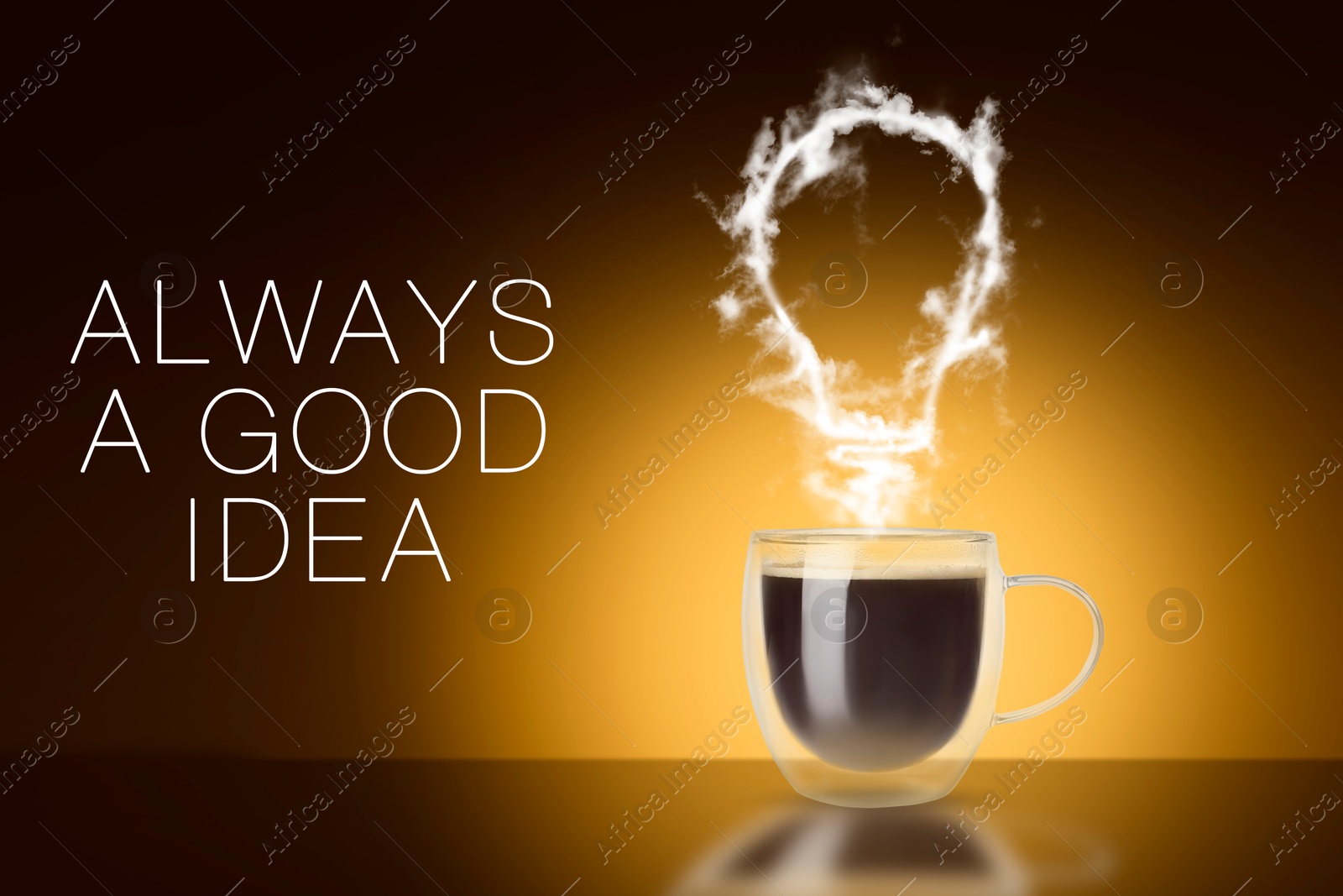 Image of Coffee is always a good idea. Cup of hot drink and steam in shape of light bulb against brown gradient background