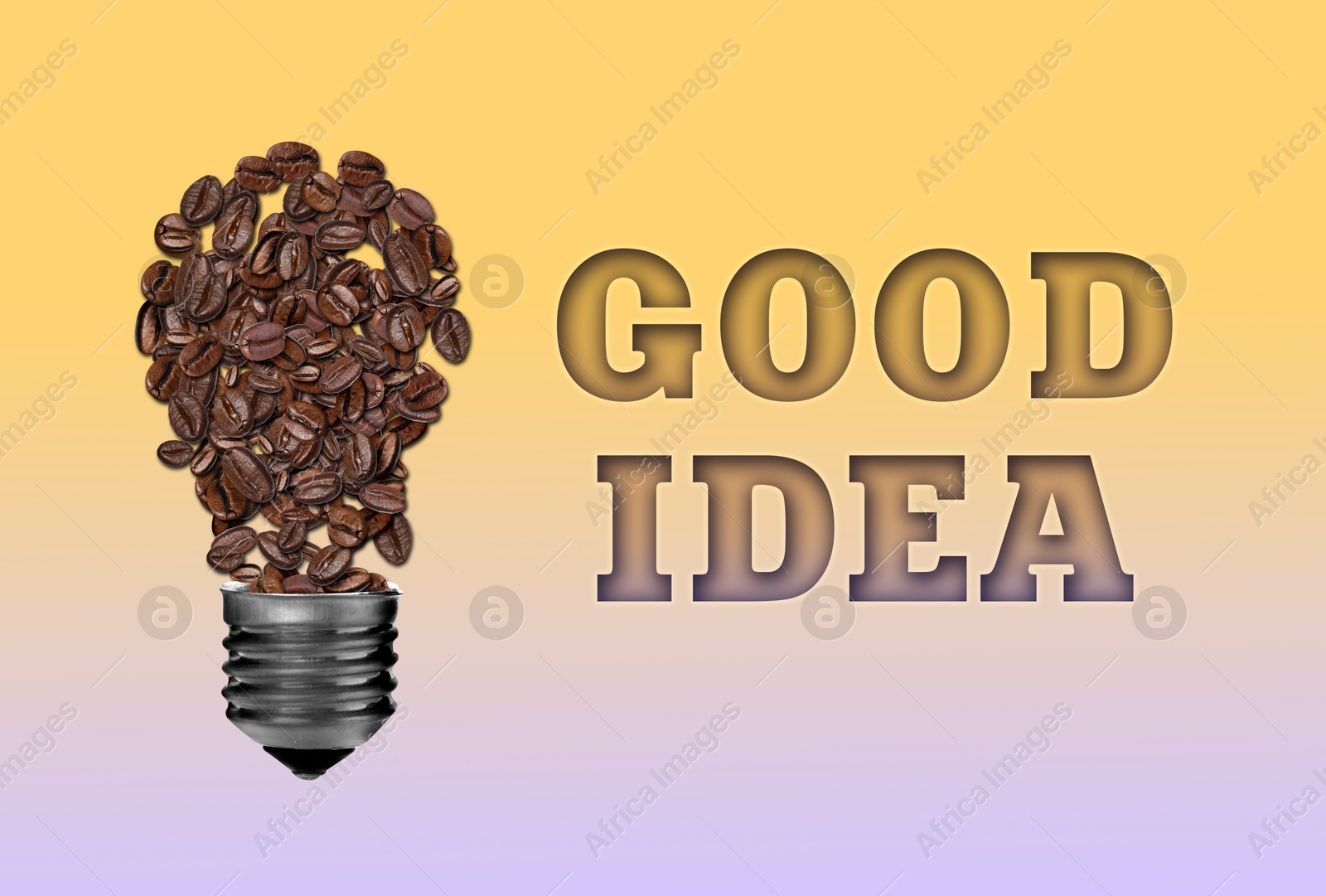 Image of Coffee is always a good idea. Light bulb made of beans on beige gradient background