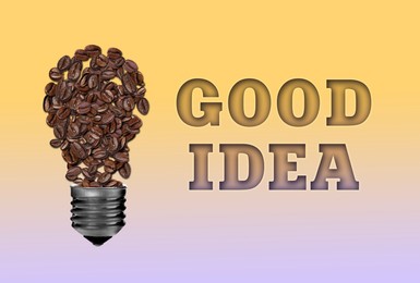 Image of Coffee is always a good idea. Light bulb made of beans on beige gradient background