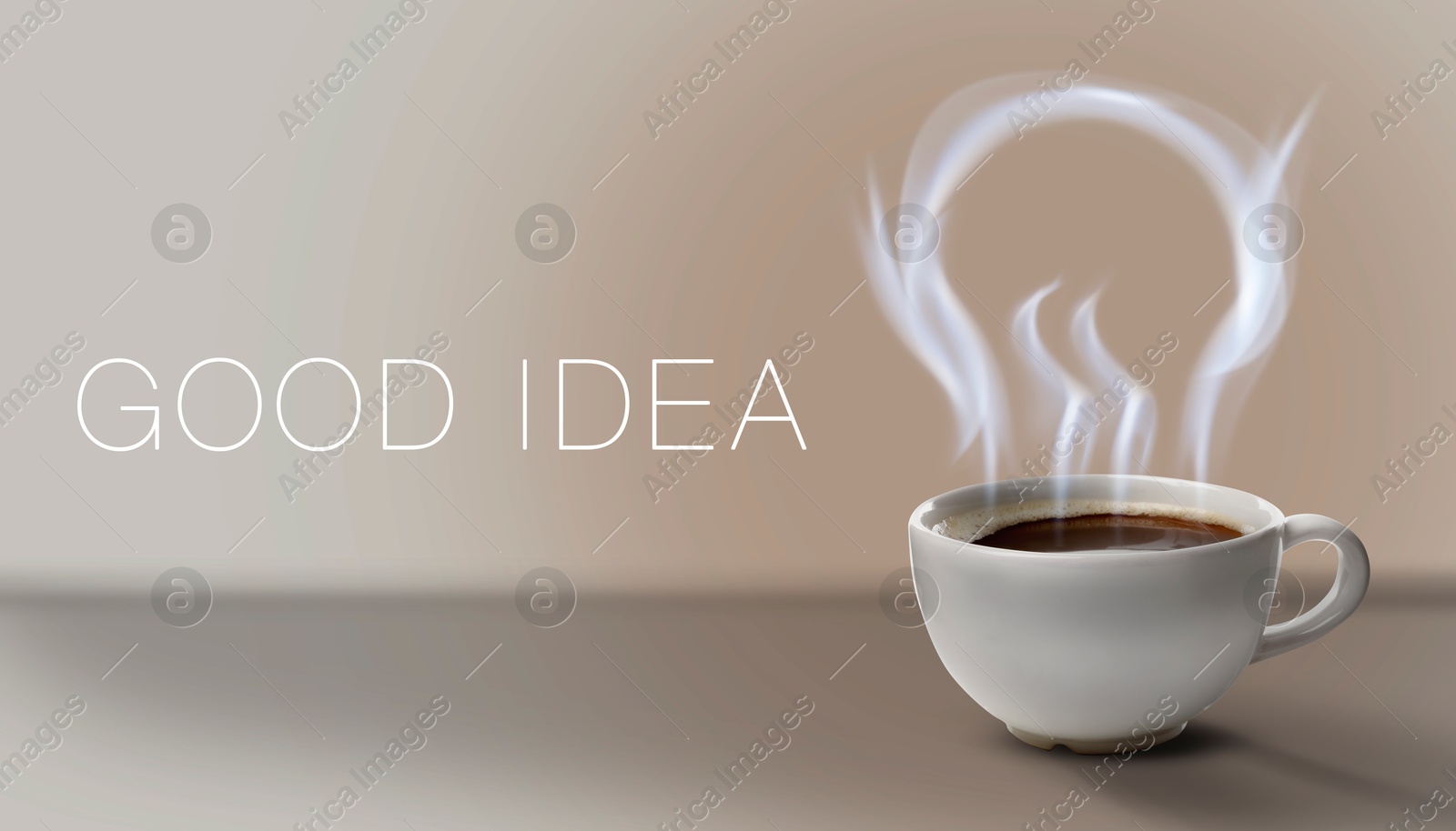 Image of Cup of fresh aromatic coffee on beige background. Steam in shape of light bulb rising above hot drink. Good idea