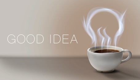 Image of Cup of fresh aromatic coffee on beige background. Steam in shape of light bulb rising above hot drink. Good idea
