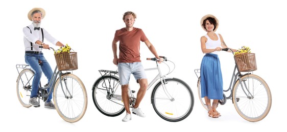 Image of People with bicycles on white background, collage of photos