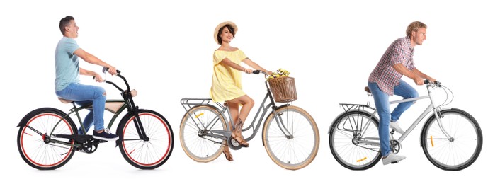Image of People riding bicycles on white background, collage of photos