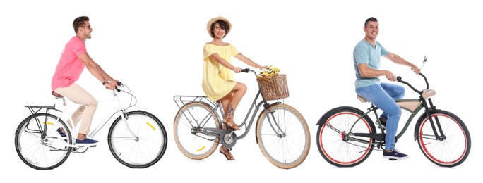 Image of People riding bicycles on white background, collage of photos