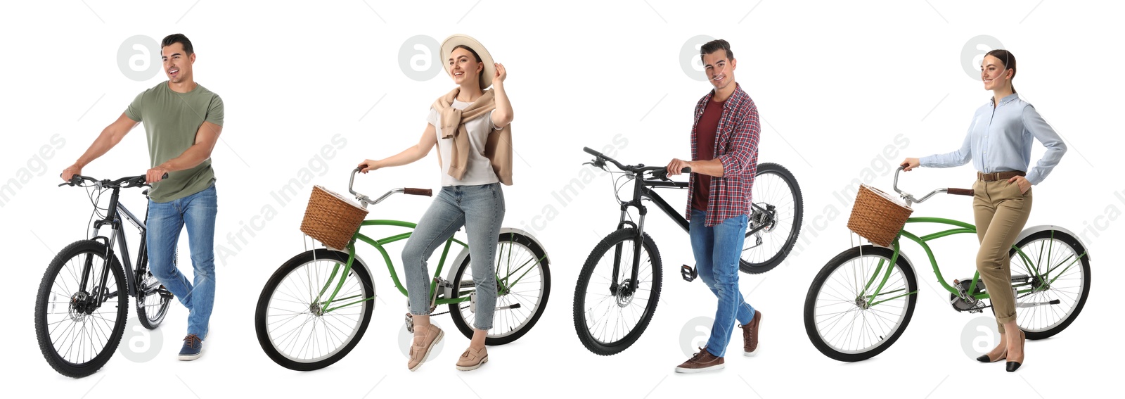 Man and woman with bicycles on white background, collage of photos Image of Man and woman with bicycles on white background, collage of photos