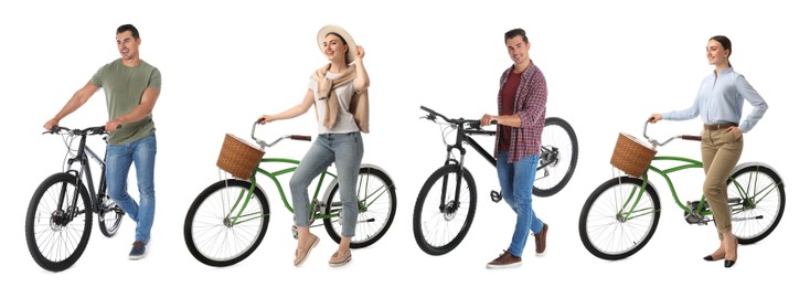 Image of Man and woman with bicycles on white background, collage of photos