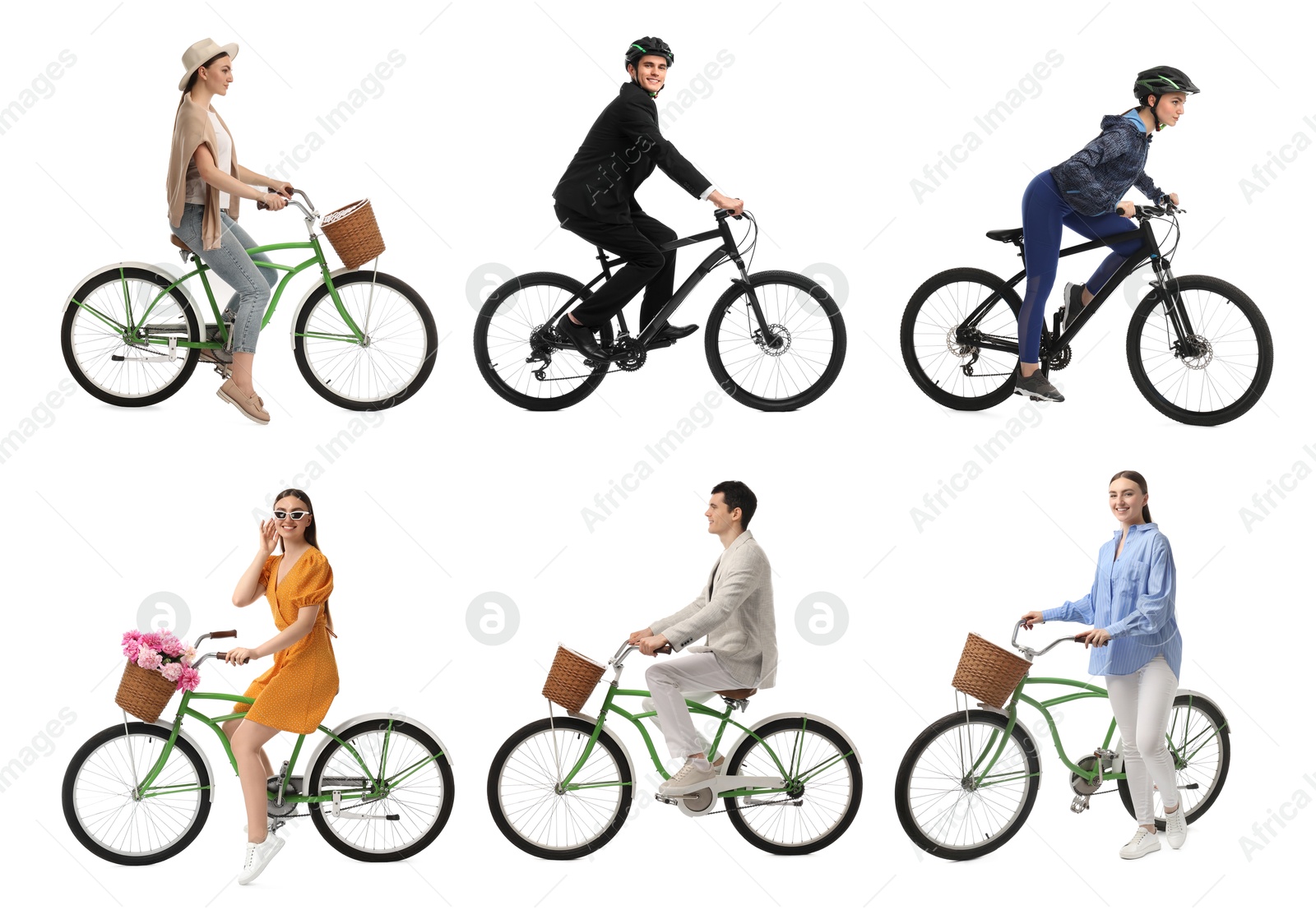 Man and woman with bicycles on white background, collage of photos Image of Man and woman with bicycles on white background, collage of photos