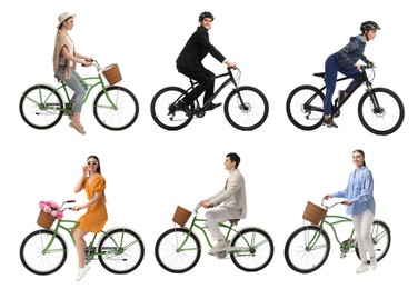 Image of Man and woman with bicycles on white background, collage of photos