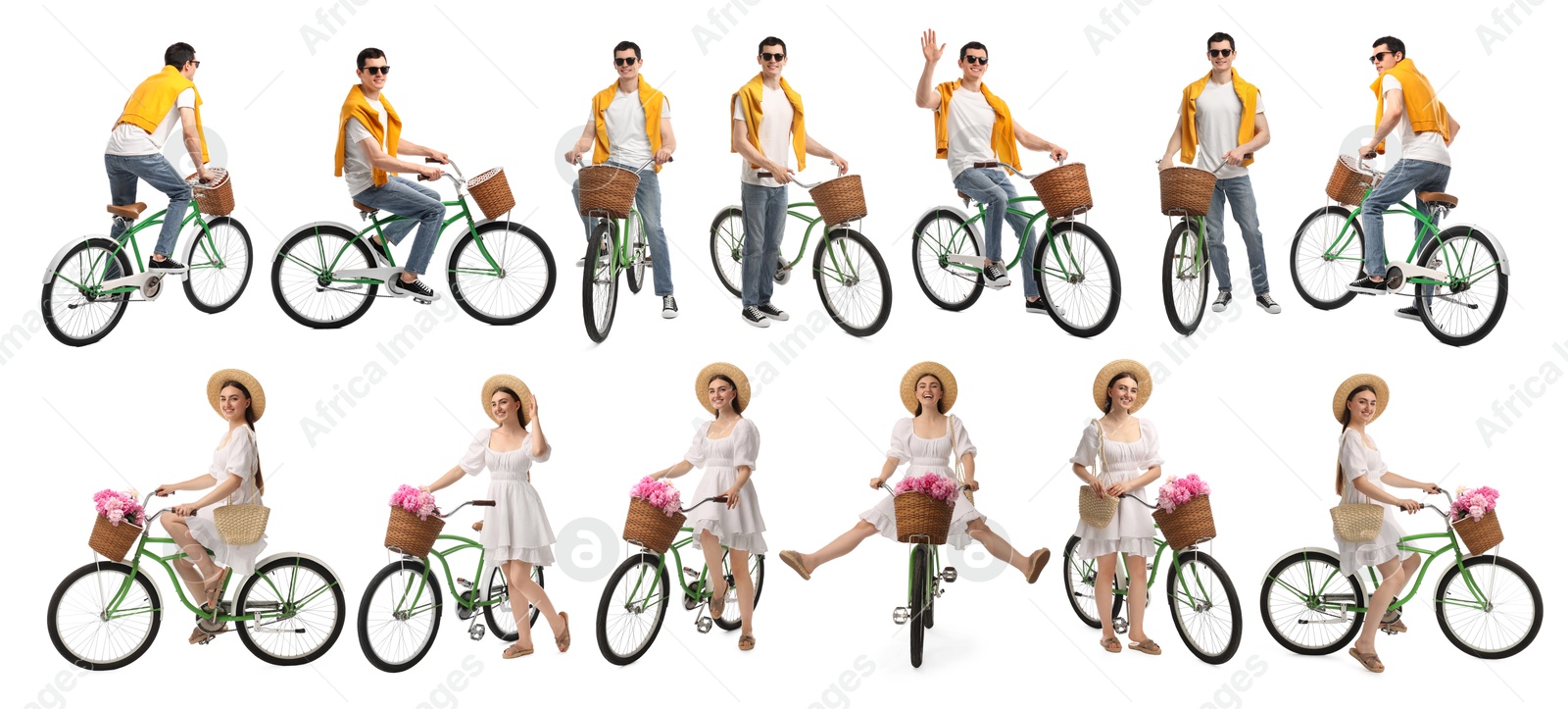 Man and woman with bicycles on white background, collage of photos Image of Man and woman with bicycles on white background, collage of photos
