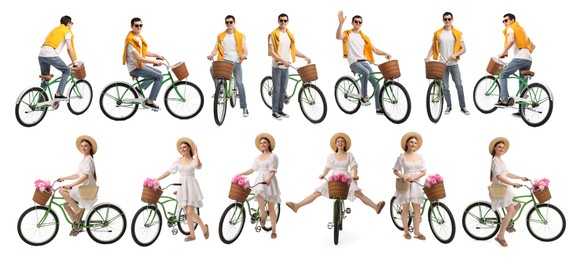 Image of Man and woman with bicycles on white background, collage of photos