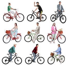 Image of People with bicycles on white background, collage of photos