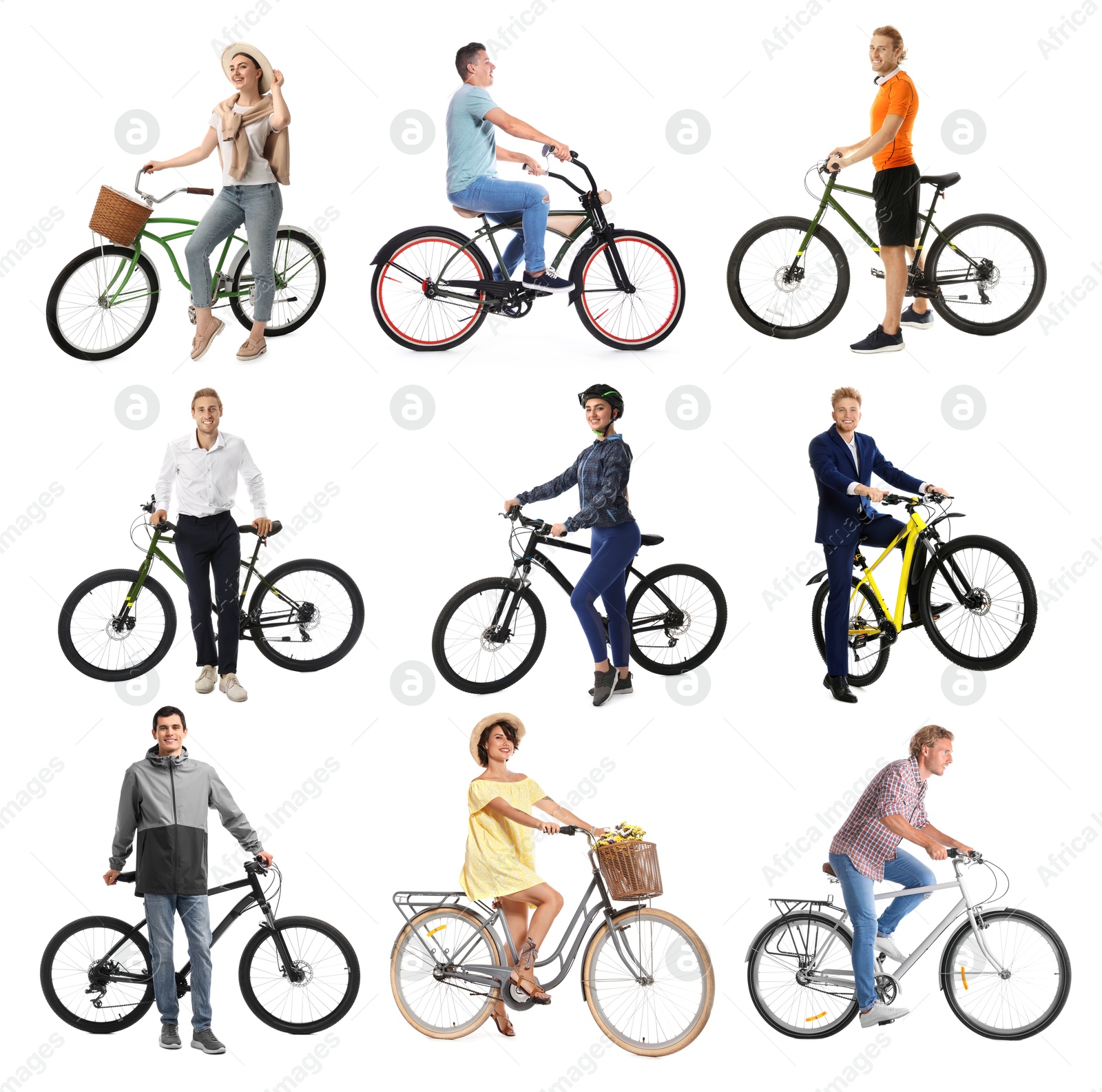 People with bicycles on white background, collage of photos Image of People with bicycles on white background, collage of photos