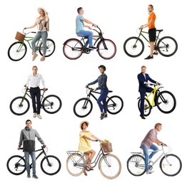 Image of People with bicycles on white background, collage of photos