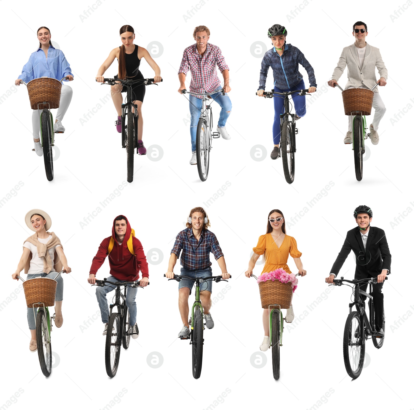 Image of People riding bicycles on white background, collage of photos