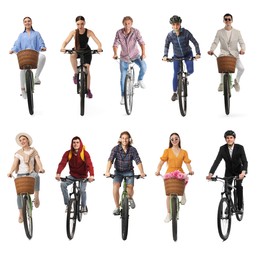 Image of People riding bicycles on white background, collage of photos