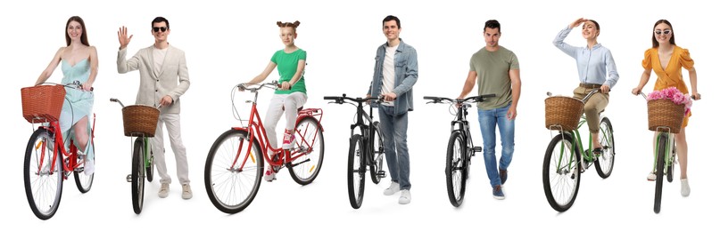 Image of People with bicycles on white background, collage of photos
