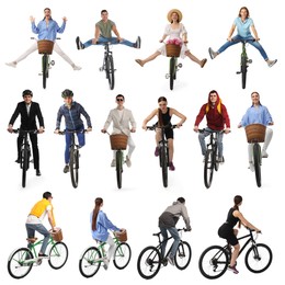 Image of People with bicycles on white background, collage of photos