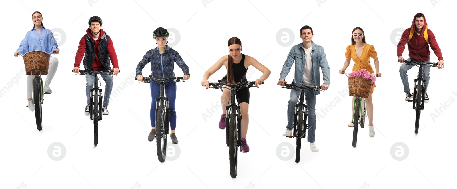 People riding bicycles on white background, collage of photos Image of People riding bicycles on white background, collage of photos