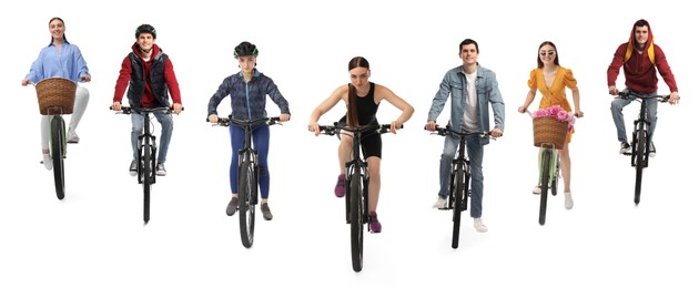 Image of People riding bicycles on white background, collage of photos