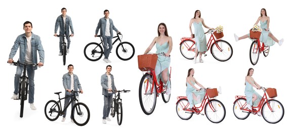Image of Man and woman with bicycles on white background, collage of photos