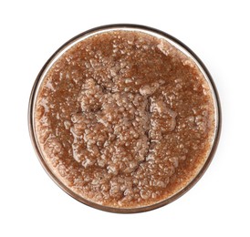 Photo of Natural body scrub in glass bowl isolated on white, top view